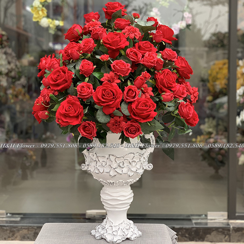 Bình hoa hồng đỏ lớn HH225 - Hoa Lụa HH