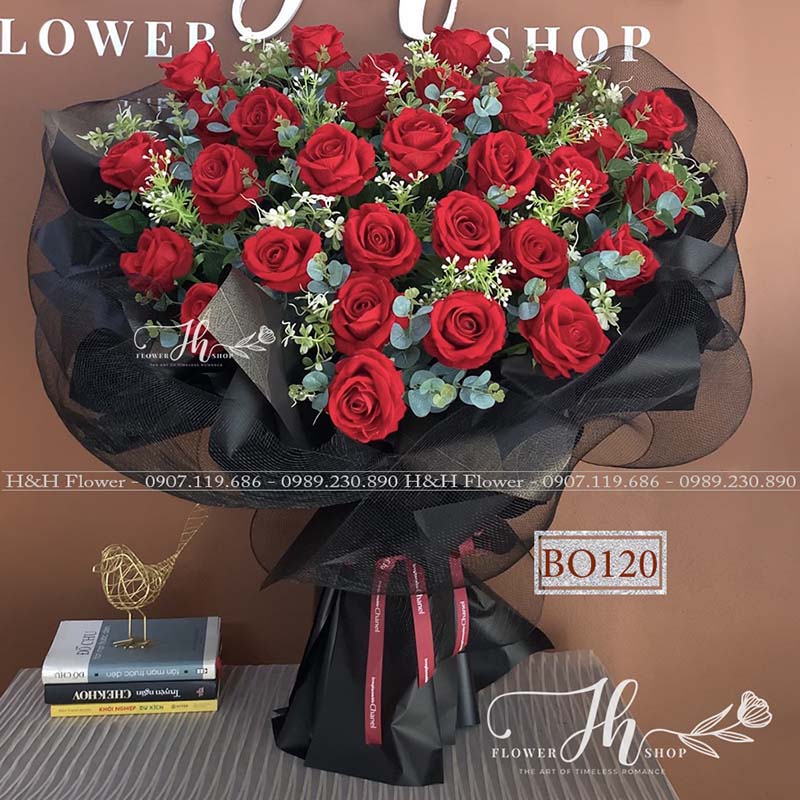 Bó hoa hồng nhung lớn BO120 - Hoa Lụa HH